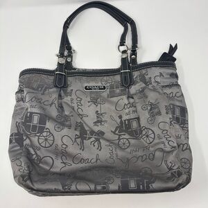 Coach Signature Black and Gray Horse and Stagecoach Tote Purse